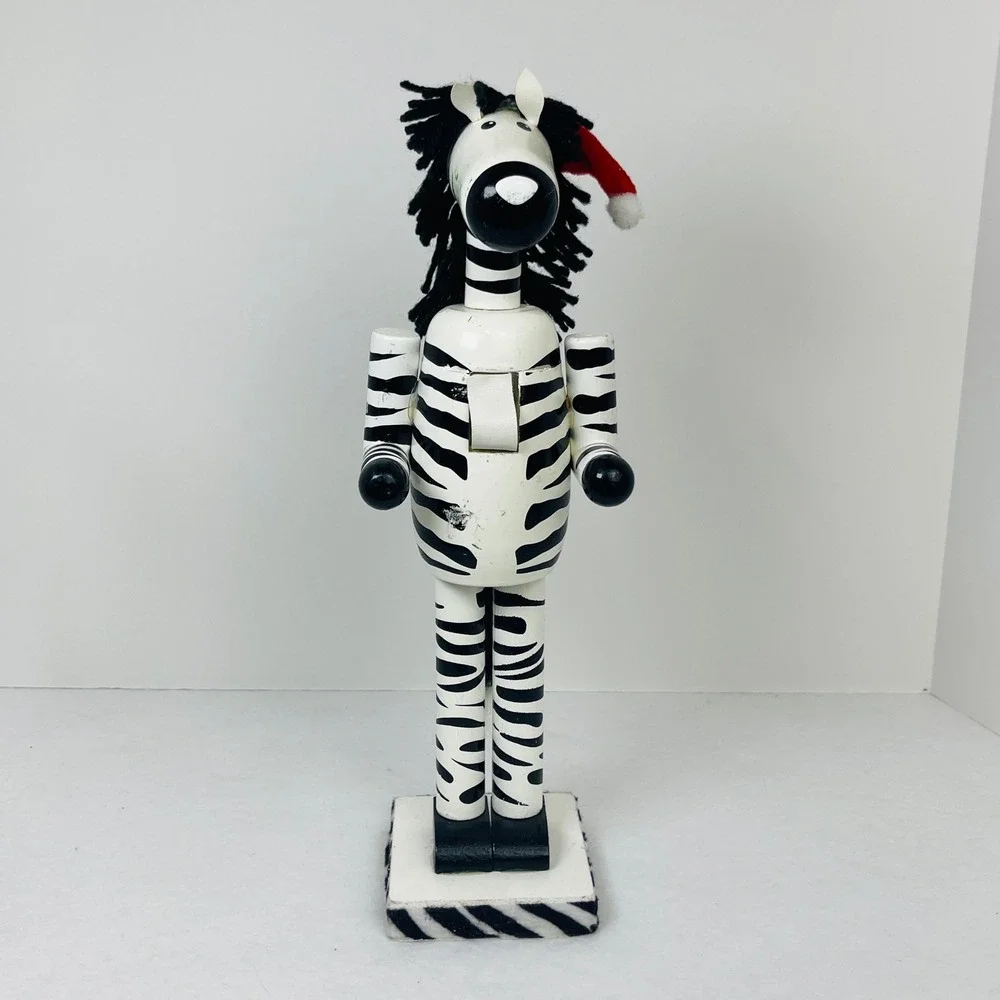 Zebra Wooden Nutcracker Christmas Decor Safari Animal Santa Hat 12 Inch